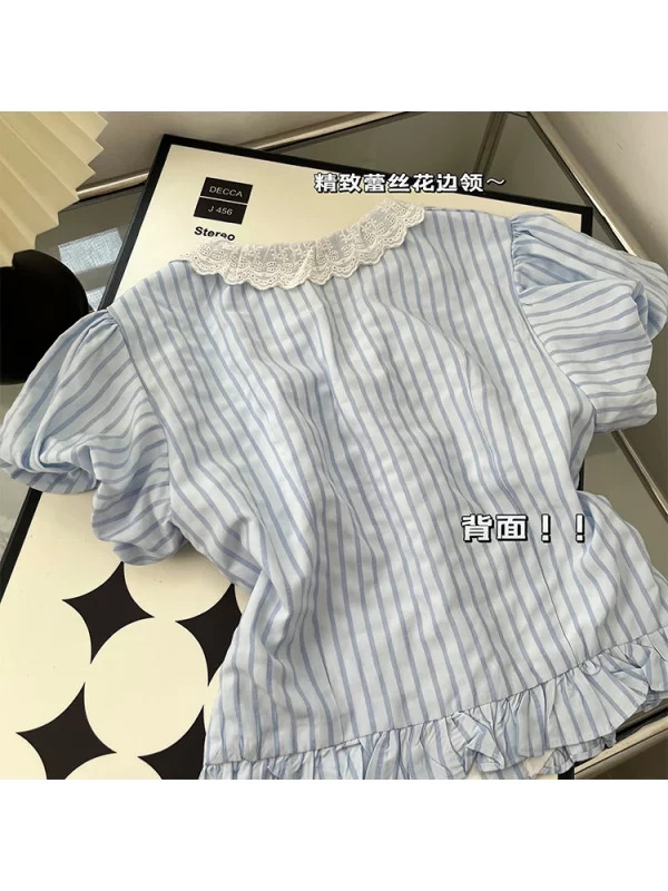 Y2K Summer Vintage Striped Shirt - French Mori Girl Aesthetic Crop Top