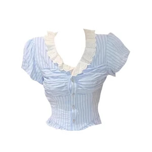 Y2K Summer Vintage Striped Shirt - French Mori Girl Aesthetic Crop Top