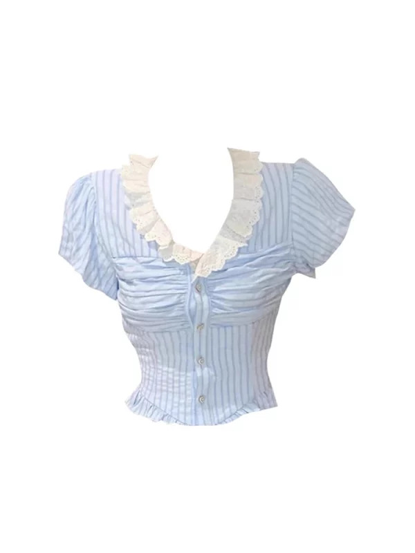 Y2K Summer Vintage Striped Shirt - French Mori Girl Aesthetic Crop Top