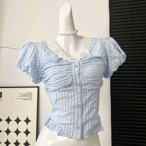 Y2K Summer Vintage Striped Shirt - French Mori Girl Aesthetic Crop Top