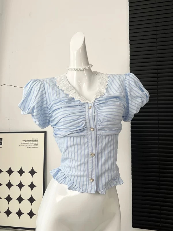 Y2K Summer Vintage Striped Shirt - French Mori Girl Aesthetic Crop Top