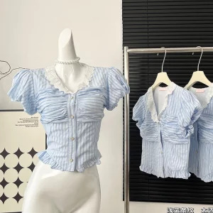 Y2K Summer Vintage Striped Shirt - French Mori Girl Aesthetic Crop Top