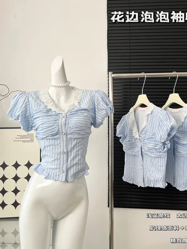 Y2K Summer Vintage Striped Shirt - French Mori Girl Aesthetic Crop Top