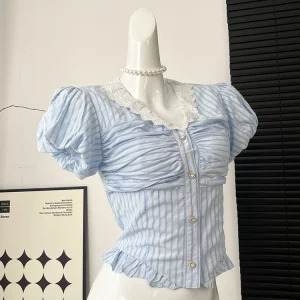 Y2K Summer Vintage Striped Shirt - French Mori Girl Aesthetic Crop Top