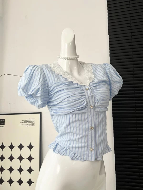 Y2K Summer Vintage Striped Shirt - French Mori Girl Aesthetic Crop Top