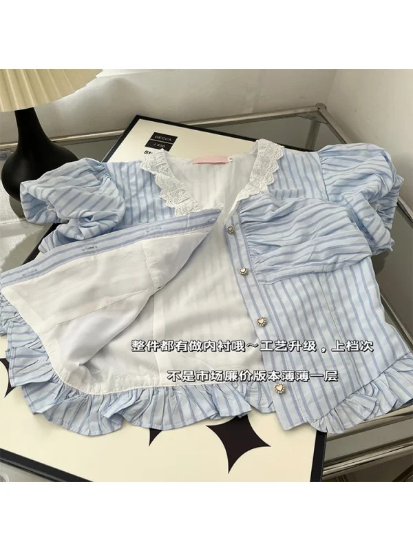 Y2K Summer Vintage Striped Shirt - French Mori Girl Aesthetic Crop Top