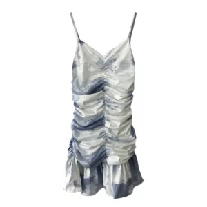 Y2K Summer Vintage Tie Dye Mini Draped Cami Dress - French Aesthetic Party Frocks Evening One-Piece