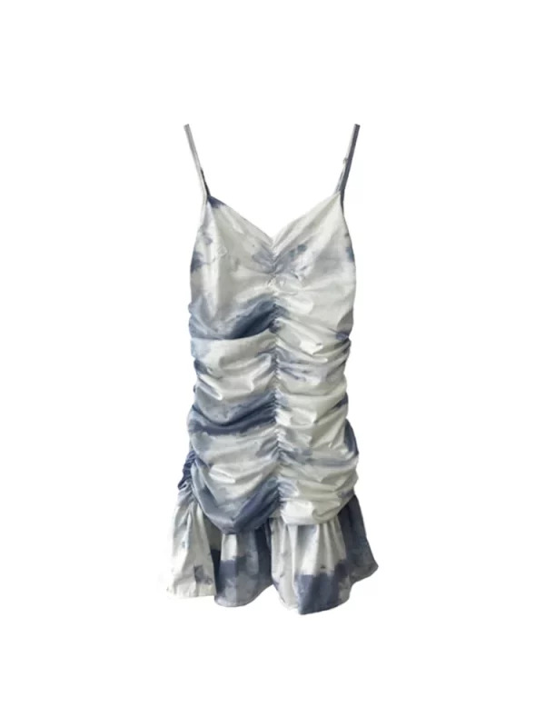 Y2K Summer Vintage Tie Dye Mini Draped Cami Dress - French Aesthetic Party Frocks Evening One-Piece