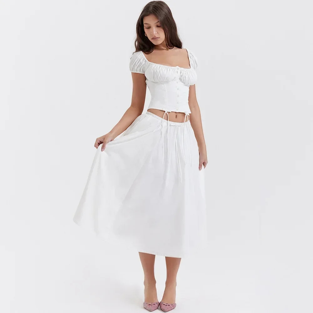 Y2K Summer White 2-Piece Set: Square Neck Cropped Top & Drawstring Skirt - Retro 90s Fashion Party Dress