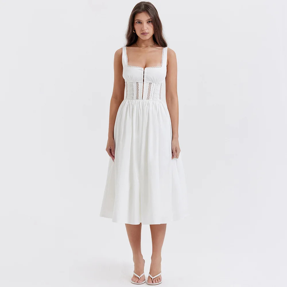 Y2K Summer White Midi Dress - Square Neck, Sleeveless, Elegant A-Line, Lace Holiday Party Outfit