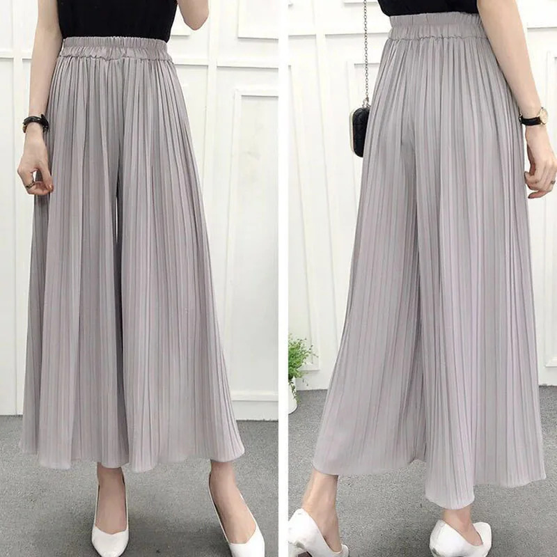 Y2K Summer Wide Leg Pants - Casual Loose Elastic Waist Pleated Chiffon Trousers