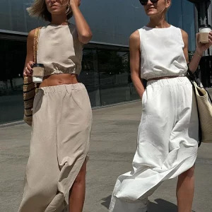 Y2K Summer Women Elegant Two-Piece Set: Sleeveless Top & Split Wide Leg Pants - Retro 90s Fashion