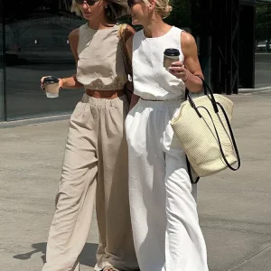 Y2K Summer Women Elegant Two-Piece Set: Sleeveless Top & Split Wide Leg Pants - Retro 90s Fashion