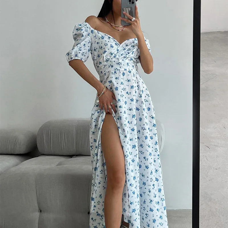 Y2K Summer Women Split V-Neck Dress - Sexy Bubble Sleeves, Floral Boho Sundress, Retro 90s Fashion