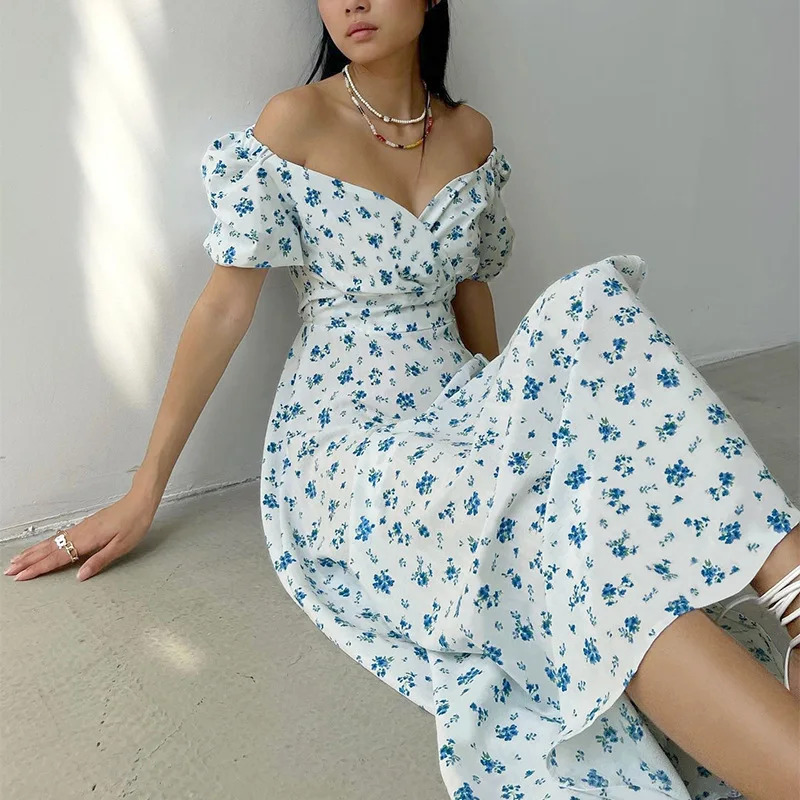 Y2K Summer Women Split V-Neck Dress - Sexy Bubble Sleeves, Floral Boho Sundress, Retro 90s Fashion