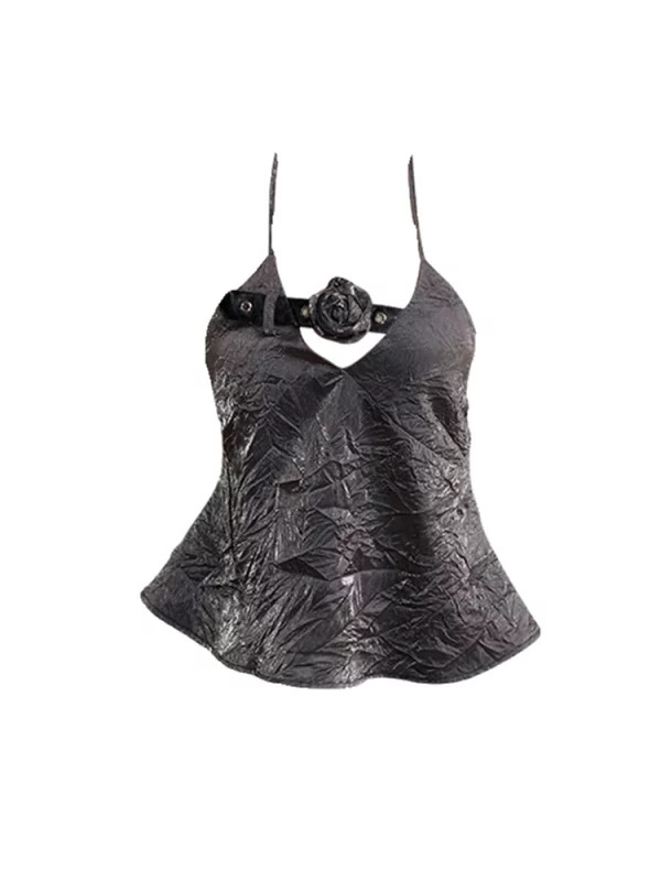 Y2K Summer Women's Aesthetic Dark Academia Camisole Ruffles Halter Top - Gothic Coquette Gyaru