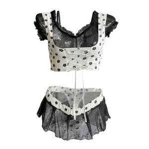 Y2K Summer Women's Coquette Dark Academia Aesthetic 2-Piece Set: Lace Crop Top and Mini Sk