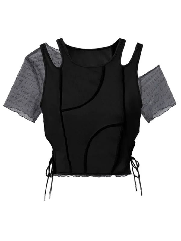 Y2K Summer Women's Crop Top: Harajuku Short Sleeve Patchwork Tees with Hollow Out Design - Mesh Street