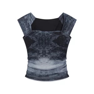 Y2K Summer Women's Dark Academia Aesthetic Tie Dye Sleeveless T-Shirt - Square Collar Gothic Crop Top