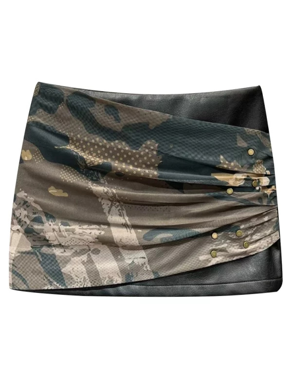 Y2K Summer Women's Dark Academia Faux Leather Mini Skirt - Gyaru Coquette Harajuku Camo