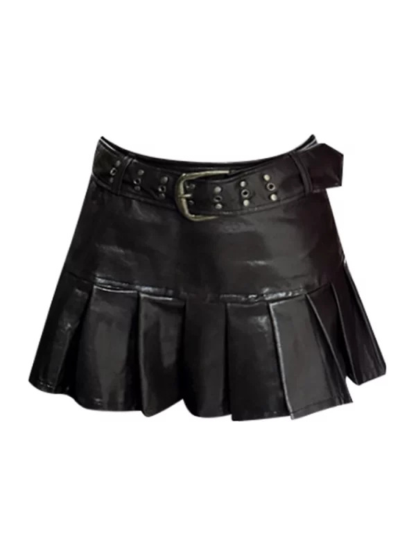 Y2K Summer Women's Dark Academia Faux Leather Mini Skirt with Belt - Streetwear Fashion