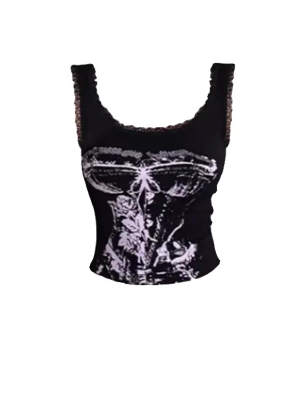 Y2K Summer Women's Dark Academia Lace Tank Top - Grunge Goth Streetwear Aesthetic