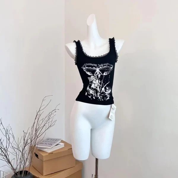 Y2K Summer Women's Dark Academia Lace Tank Top - Grunge Goth Streetwear Aesthetic