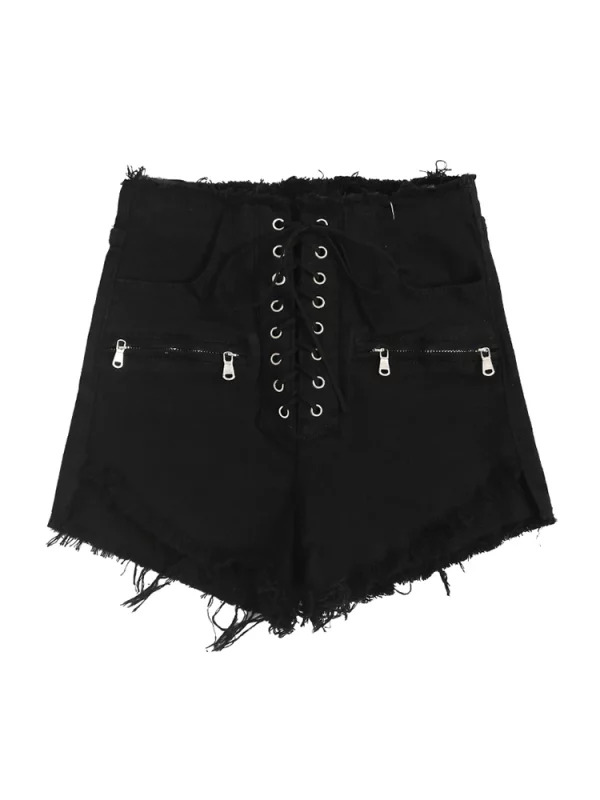 Y2K Summer Women's Dark Academia Lace-Up Jean Shorts - High Waist Denim Hot Pants with Tassels -