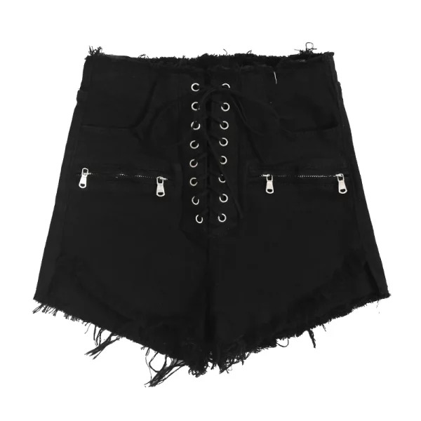 Y2K Summer Women's Dark Academia Lace-Up Jean Shorts - High Waist Denim Hot Pants with Tassels -