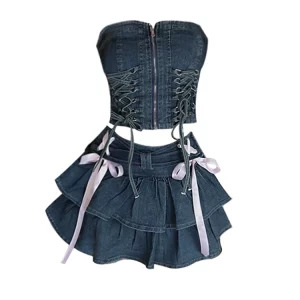 Y2K Summer Women's Denim 2-Piece Set: Lace-Up Tube Top and Ruffled Mini Skirt