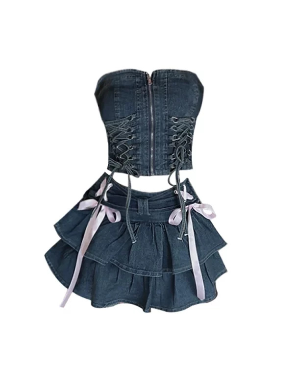 Y2K Summer Women's Denim 2-Piece Set: Lace-Up Tube Top and Ruffled Mini Skirt