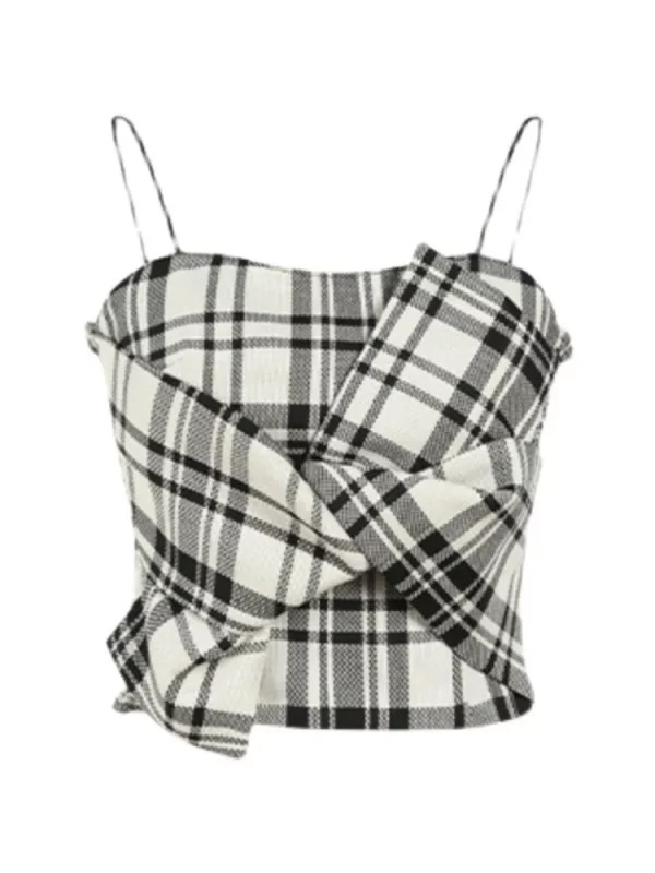 Y2K Summer Women's French Fashion Crop Top - Vintage Plaid Camisole with Aesthetic 2000s Style