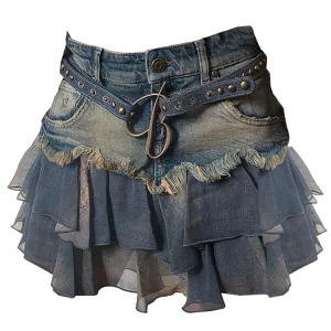 Y2K Summer Women's Gauze Patchwork Mini Denim Skirt - Cutecore Gyaru Coquette Street