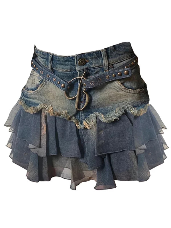 Y2K Summer Women's Gauze Patchwork Mini Denim Skirt - Cutecore Gyaru Coquette Street