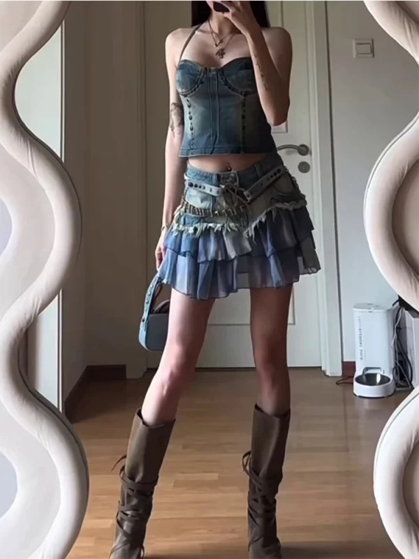 Y2K Summer Women's Gauze Patchwork Mini Denim Skirt - Cutecore Gyaru Coquette Street