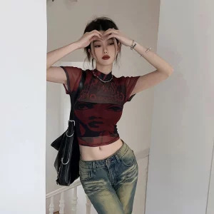 Y2K Summer Women's Gothic Vintage Dark Academia Gauze T-Shirts - Harajuku Aesthetic Crop Tops