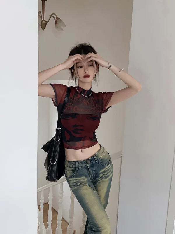 Y2K Summer Women's Gothic Vintage Dark Academia Gauze T-Shirts - Harajuku Aesthetic Crop Tops