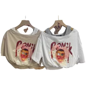 Y2K Summer Women's Graphic Crop Top - Fake Two-Piece Tee for Streetwear and Cyber Gyaru