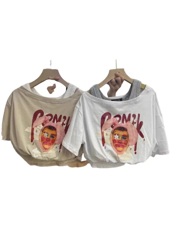 Y2K Summer Women's Graphic Crop Top - Fake Two-Piece Tee for Streetwear and Cyber Gyaru