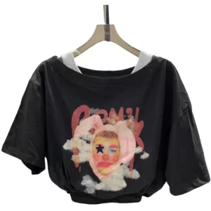 Y2K Summer Women's Graphic Crop Top - Fake Two-Piece Tee for Streetwear and Cyber Gyaru