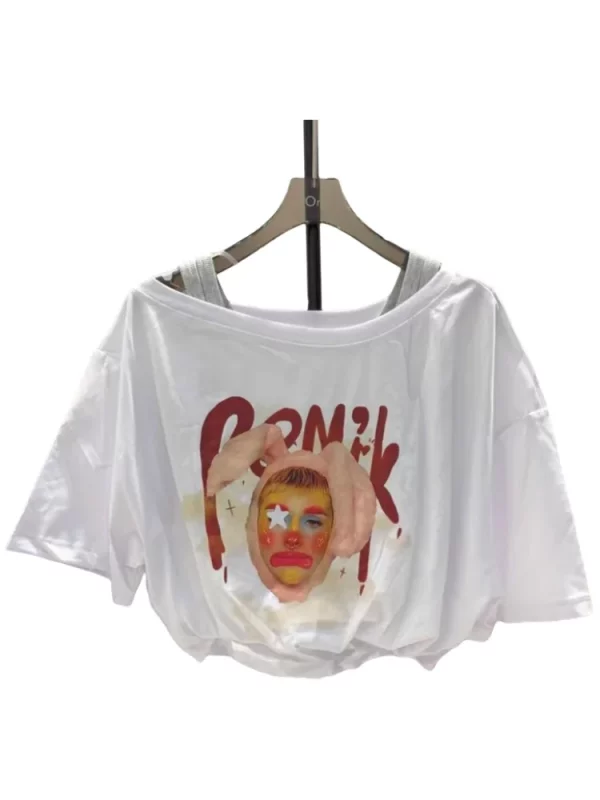 Y2K Summer Women's Graphic Crop Top - Fake Two-Piece Tee for Streetwear and Cyber Gyaru