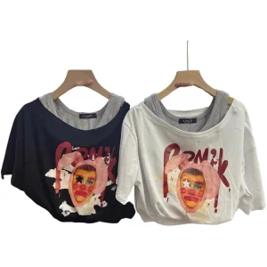 Y2K Summer Women's Graphic Crop Top - Fake Two-Piece Tee for Streetwear and Cyber Gyaru