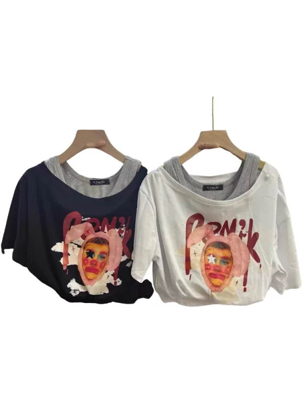 Y2K Summer Women's Graphic Crop Top - Fake Two-Piece Tee for Streetwear and Cyber Gyaru