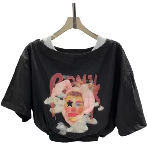 Y2K Summer Women's Graphic Crop Top - Fake Two-Piece Tee for Streetwear and Cyber Gyaru