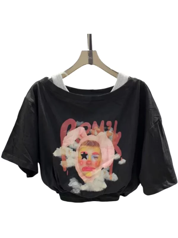 Y2K Summer Women's Graphic Crop Top - Fake Two-Piece Tee for Streetwear and Cyber Gyaru