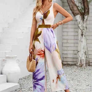 Y2K Summer Women's Print Jumpsuit - Sexy Halter Beach Long Jumpsuit for Party, Retro 90s Fashion