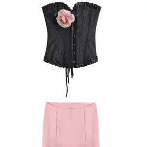 Y2K Summer Women's Vintage Dark Academia 2-Piece Set: Lace Floral Tube Top + Mini Skirt