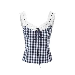 Y2k Summer Women's Vintage Plaid Halter Top - Kawaii Gyaru Korean Camisole Coquette - Cute