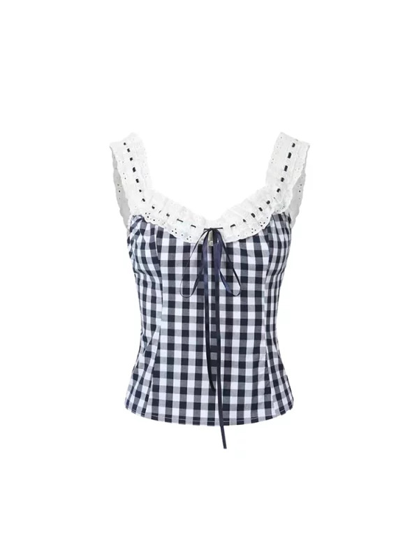 Y2k Summer Women's Vintage Plaid Halter Top - Kawaii Gyaru Korean Camisole Coquette - Cute