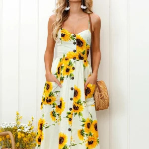 Y2K Sunflower Strapless Midi Dress - Sexy Backless Floral Sundress, Retro 90s Summer Beach Outfit